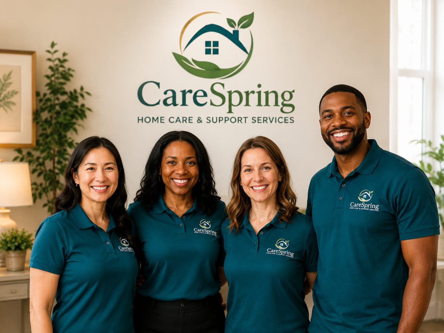 Four smiling team members in CareSpring polo shirts standing together in front of a wall displaying the CareSpring logo