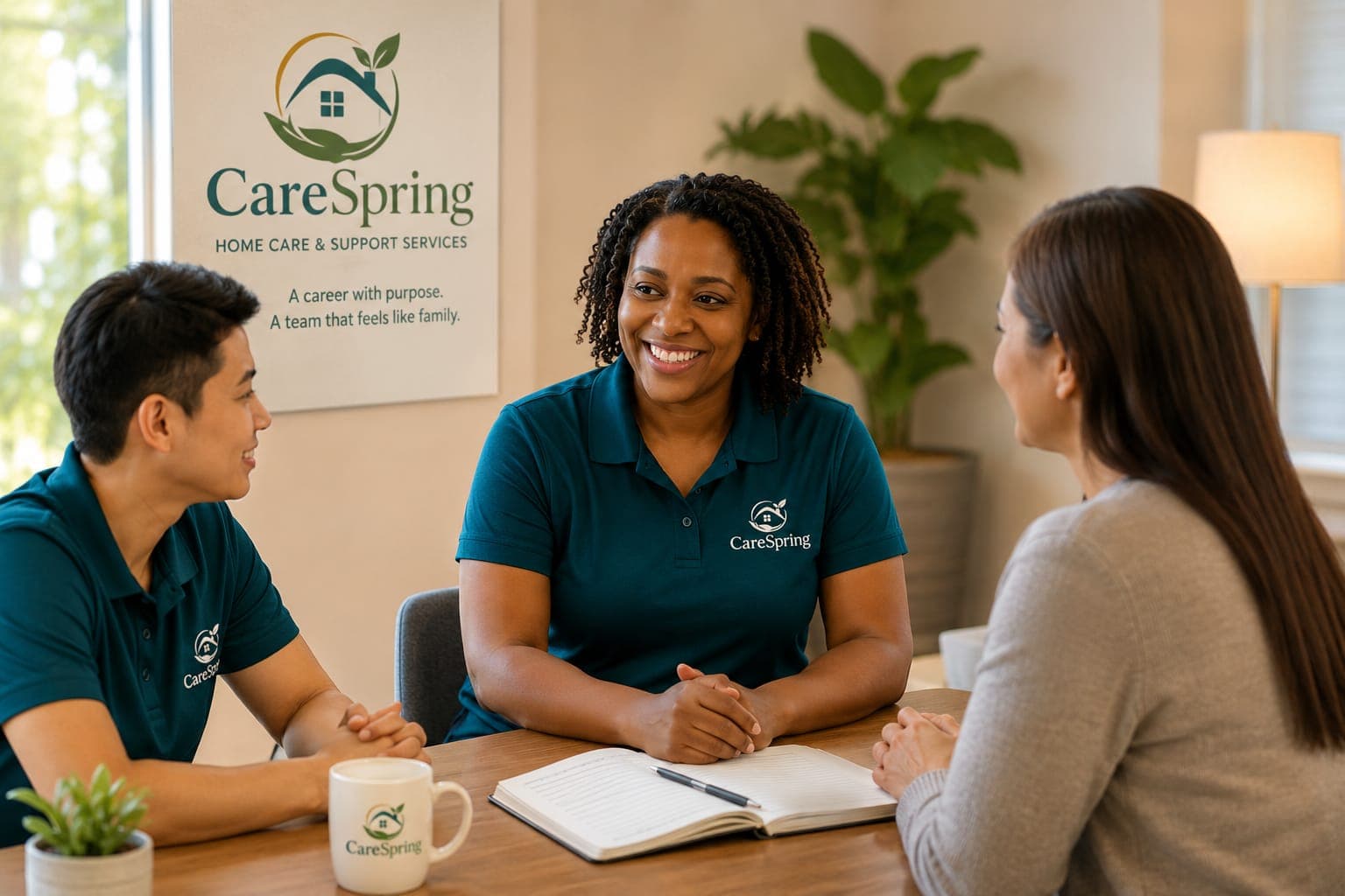 Two people in CareSpring polo shirts smiling and talking with a visitor across a table, with a CareSpring careers poster on the wall behind them