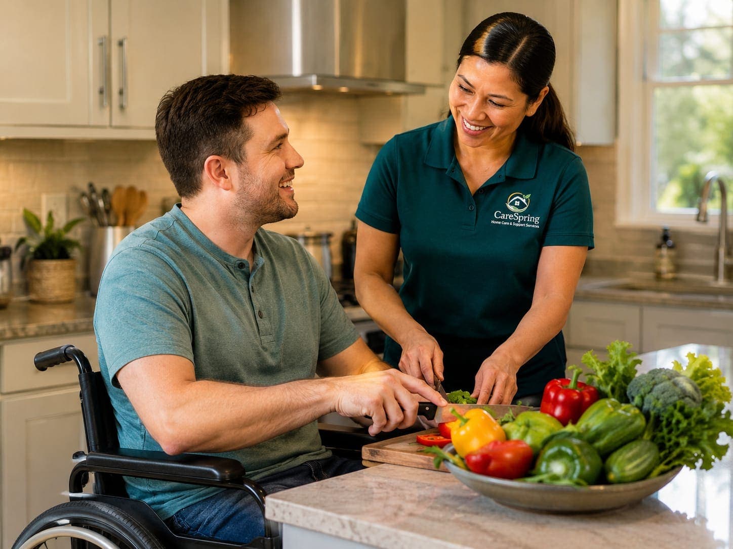 Two people preparing food together at a kitchen counter, one seated in a wheelchair, in a bright modern kitchen