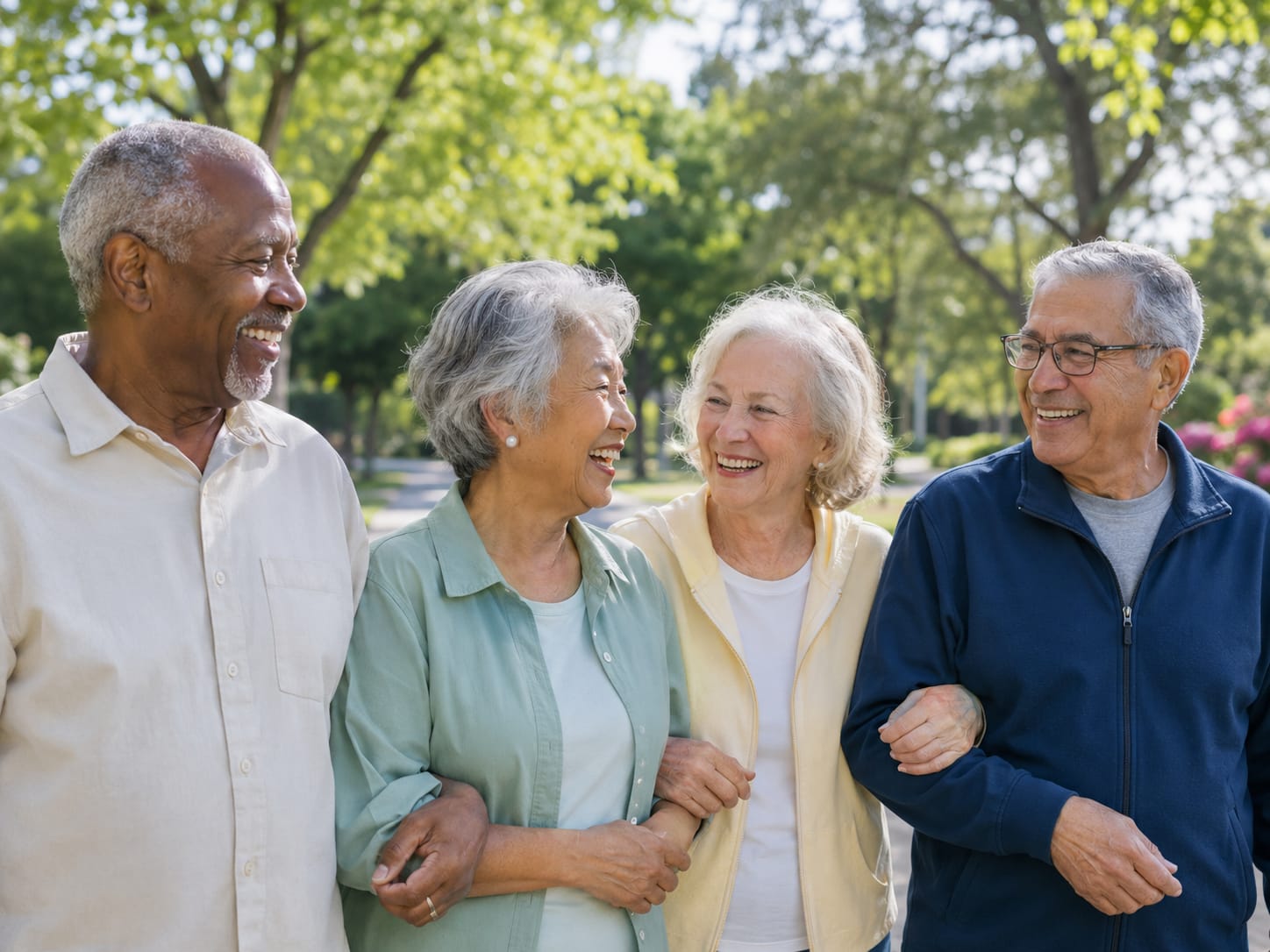 Four older adults walking arm-in-arm and smiling on a sunny park path