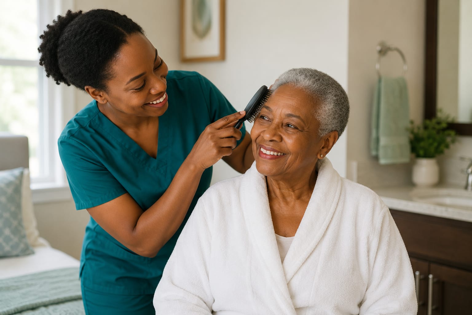 A care professional in teal scrubs smiling while brushing the hair of an older woman in a white bathrobe