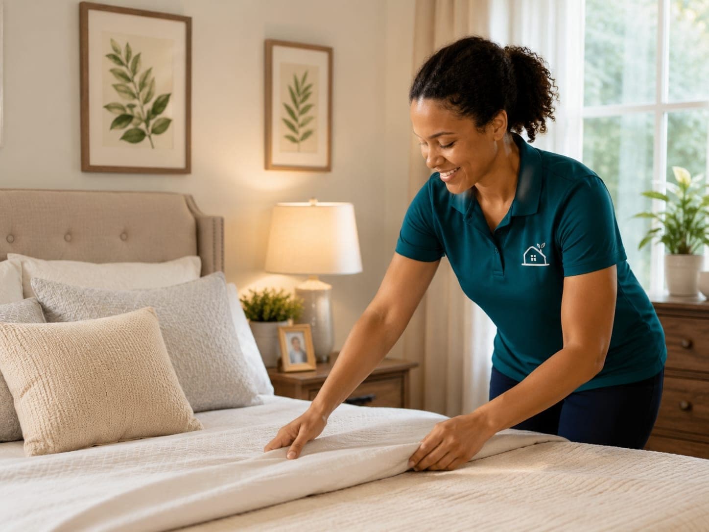 A Care Professional in a teal CareSpring polo shirt smiling while making a bed in a bright bedroom